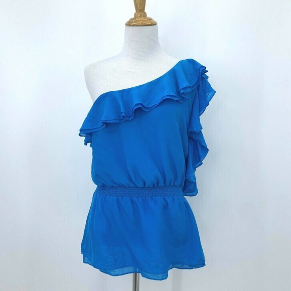 bebe Tops - Bebe Silk One Shoulder Blouse Peplum Ruffle Blue